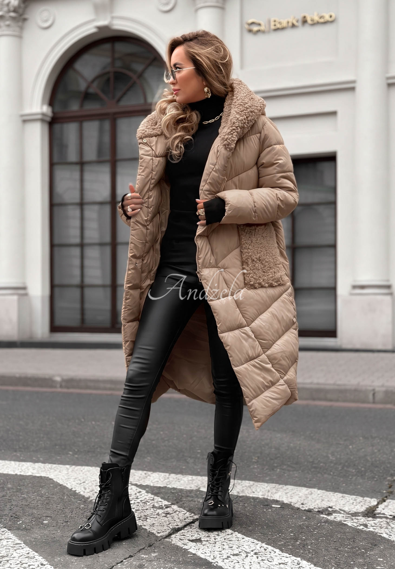 Lange Steppjacke mit Schaffellmantel Long Cold Winter Beige