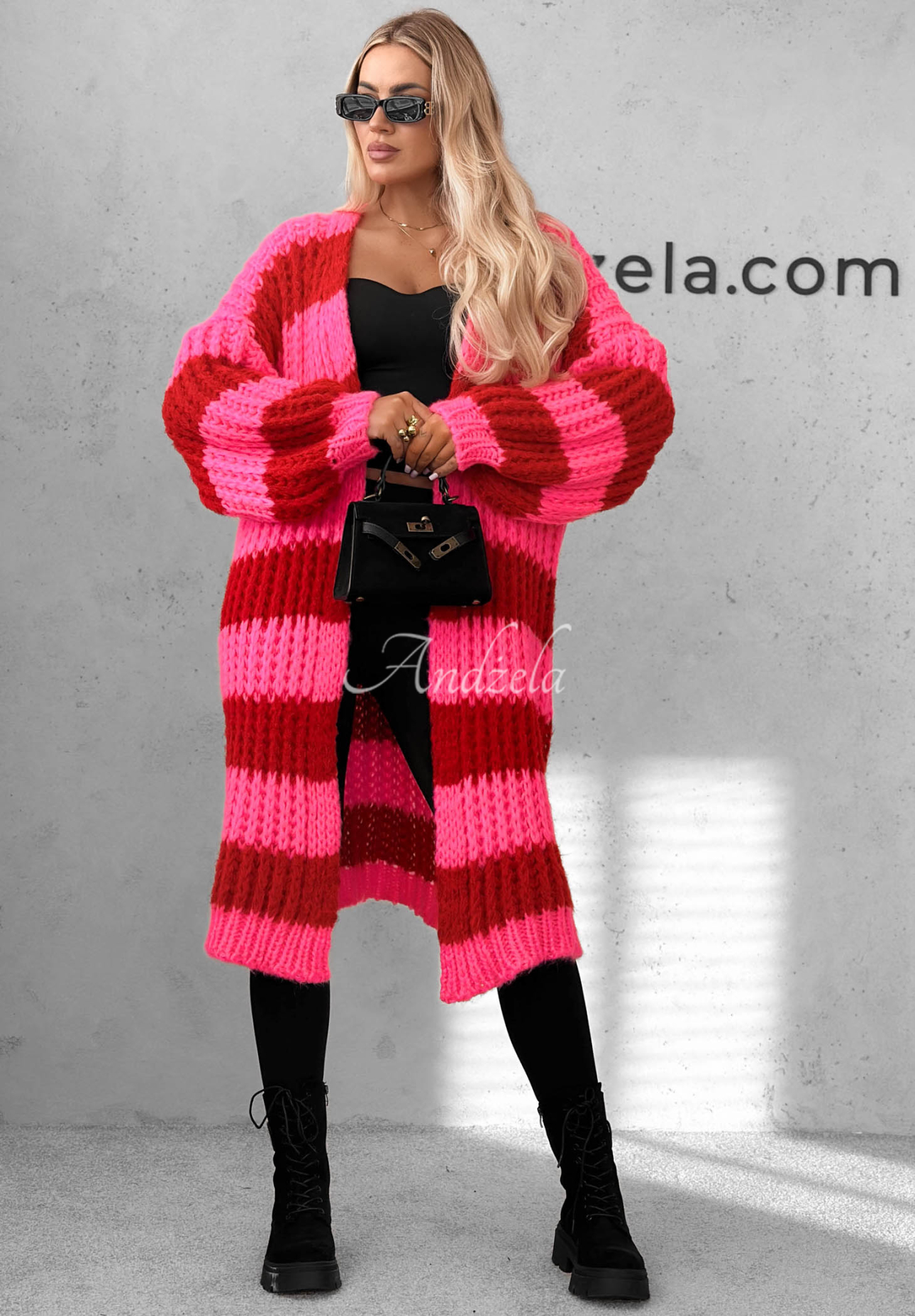 Langer Cardigan mit Puffärmeln und Streifenmuster October Charm rosa-rot