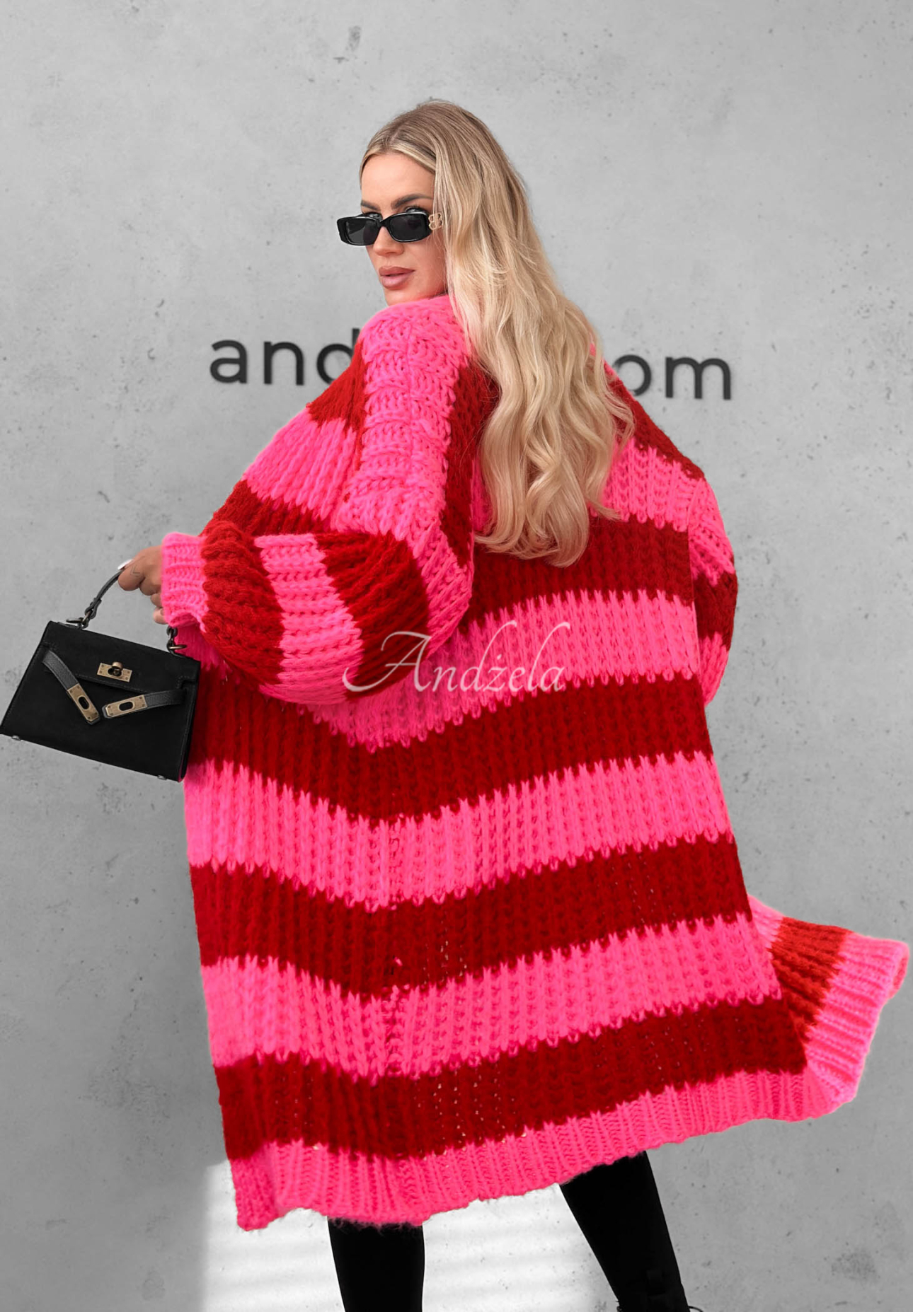 Langer Cardigan mit Puffärmeln und Streifenmuster October Charm rosa-rot