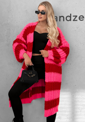Langer Cardigan mit Puffärmeln und Streifenmuster October Charm rosa-rot
