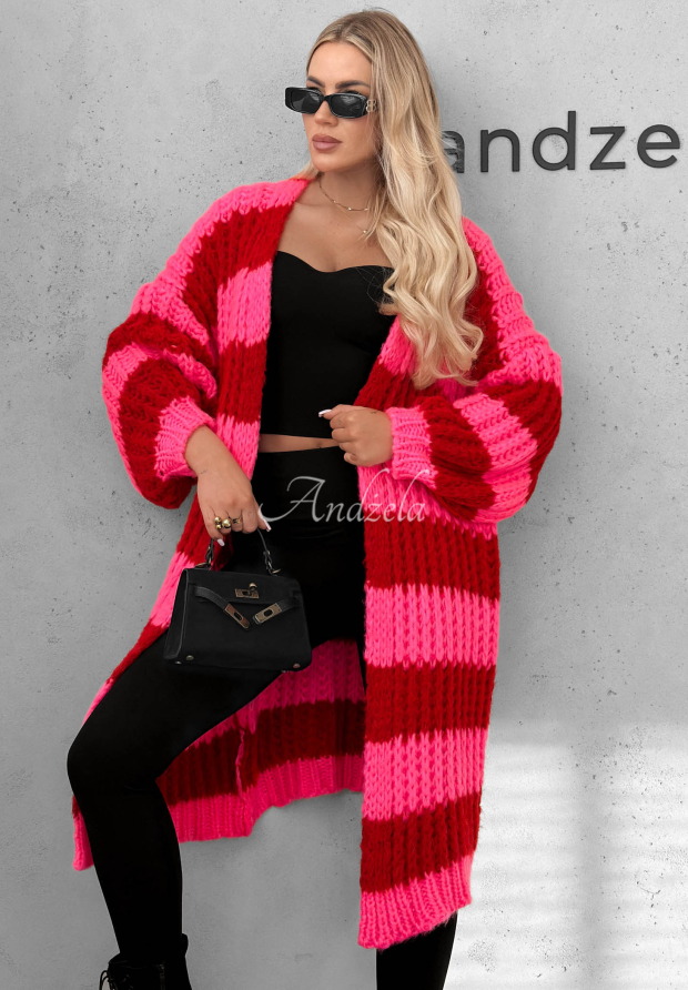 Langer Cardigan mit Puff&auml;rmeln und Streifenmuster October Charm rosa-rot