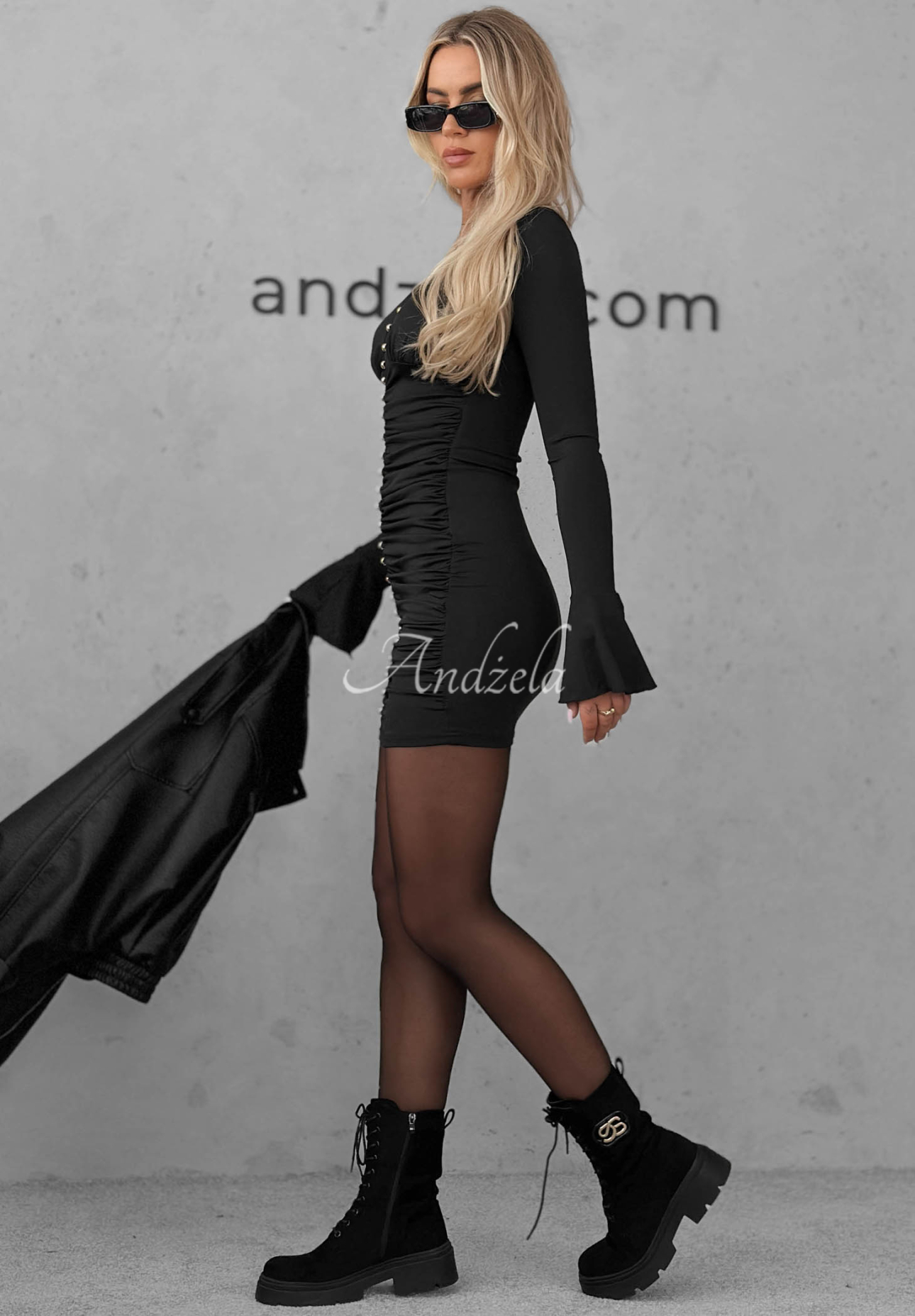 Mini-Kleid aus Viskose mit Raffungen und langen Ärmeln Pretty Trouble Schwarz