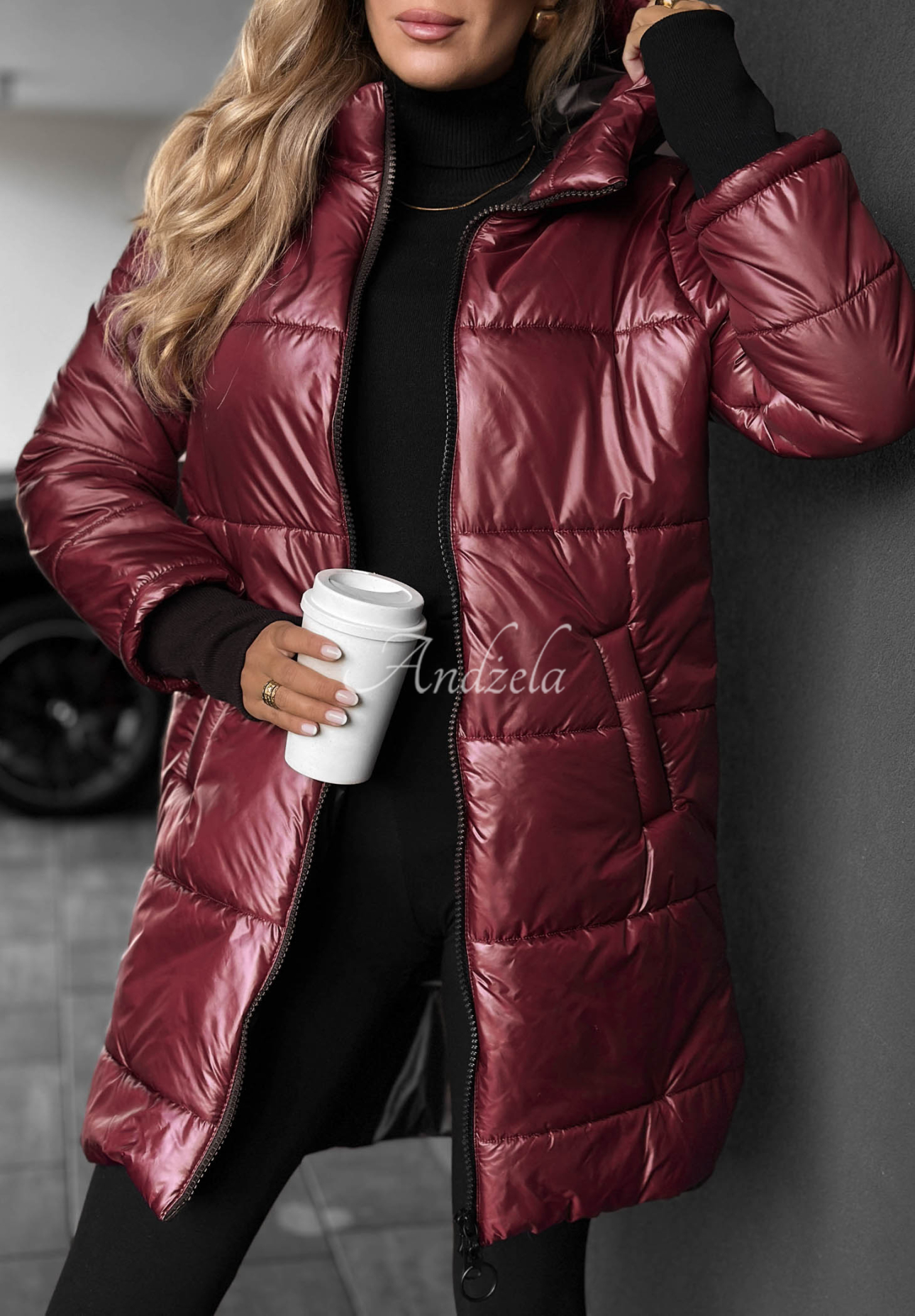 Lange, gesteppte Jacke mit Kapuze Cinnamon Latte Burgunderrot
