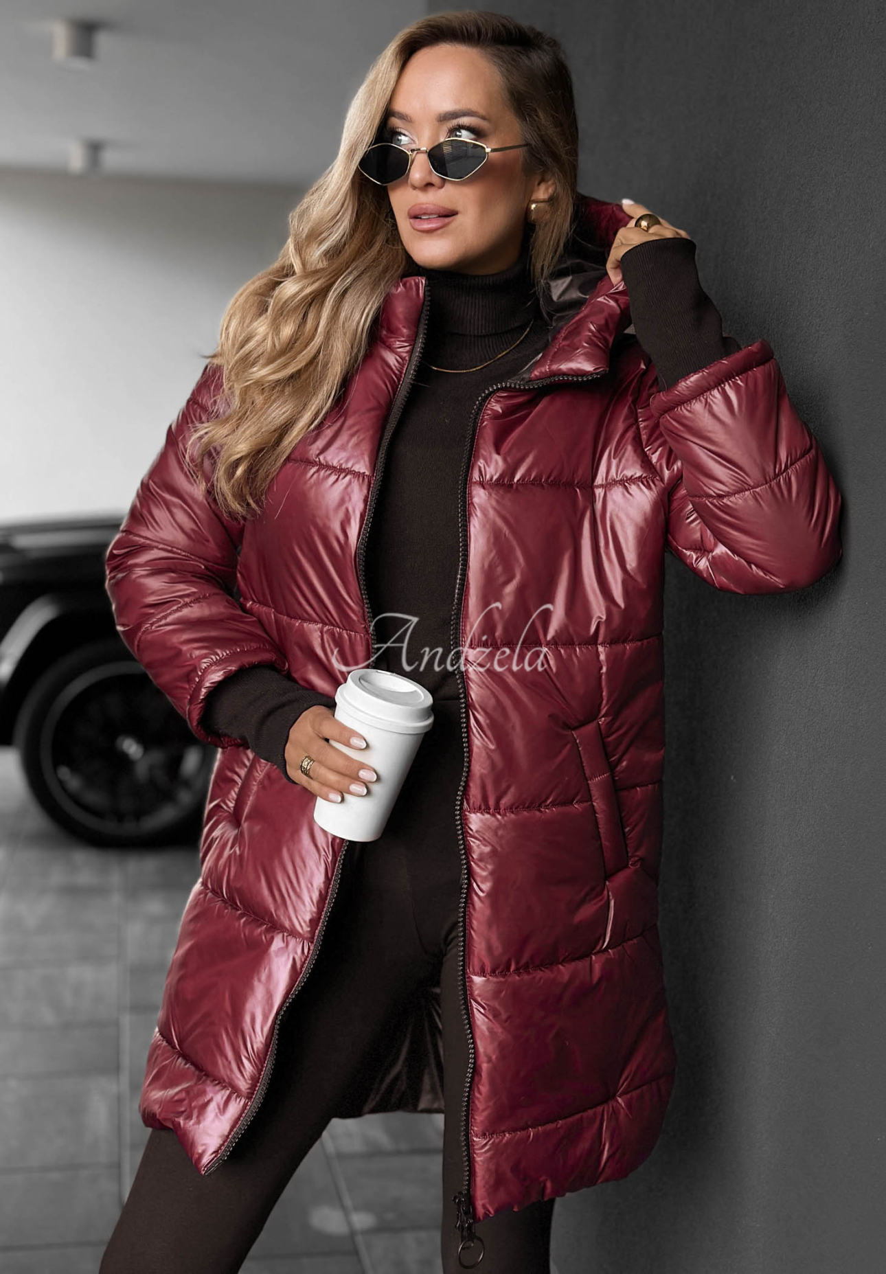 Lange, gesteppte Jacke mit Kapuze Cinnamon Latte Burgunderrot