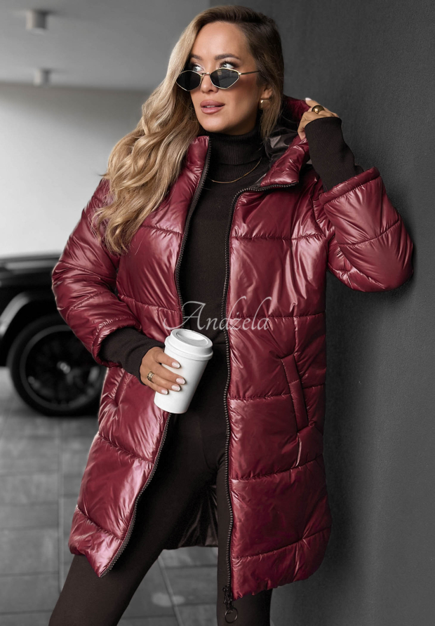 Lange, gesteppte Jacke mit Kapuze Cinnamon Latte Burgunderrot
