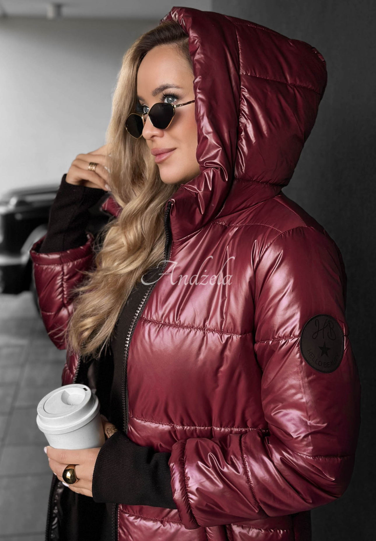 Lange, gesteppte Jacke mit Kapuze Cinnamon Latte Burgunderrot