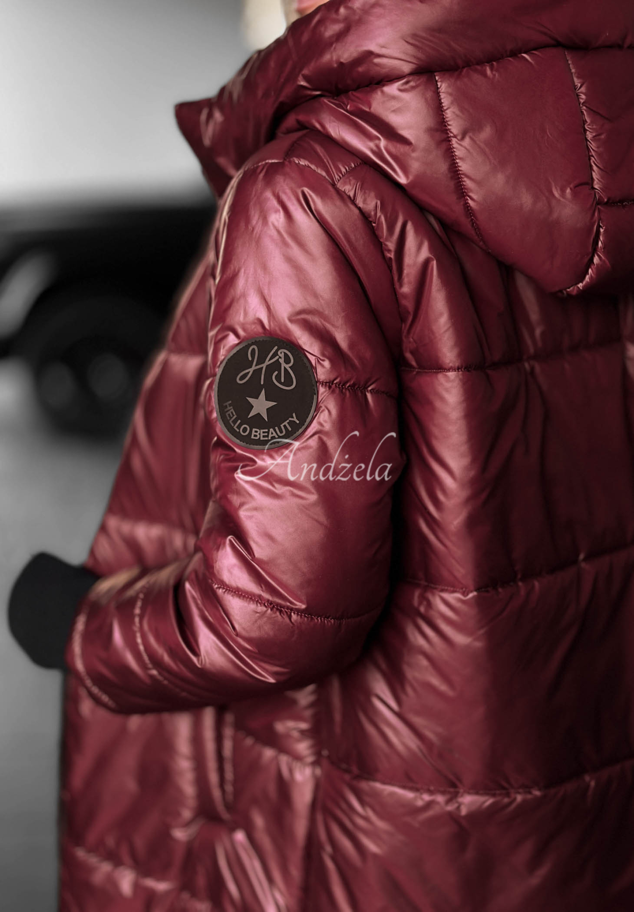 Lange, gesteppte Jacke mit Kapuze Cinnamon Latte Burgunderrot