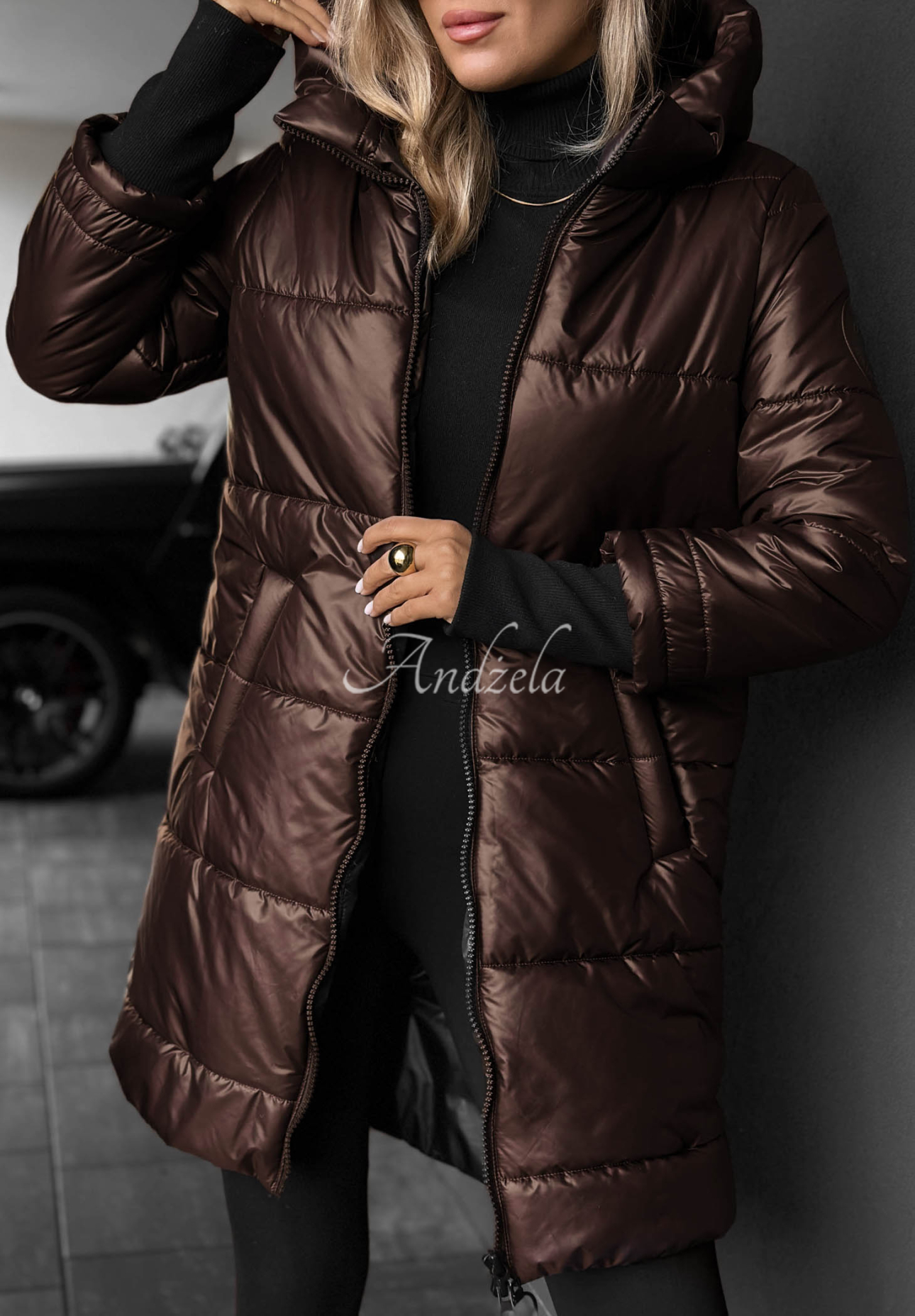 Lange, gesteppte Jacke mit Kapuze Cinnamon Latte Schokoladenbraun