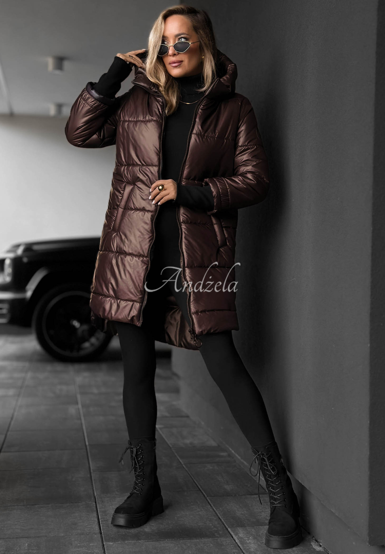Lange, gesteppte Jacke mit Kapuze Cinnamon Latte Schokoladenbraun