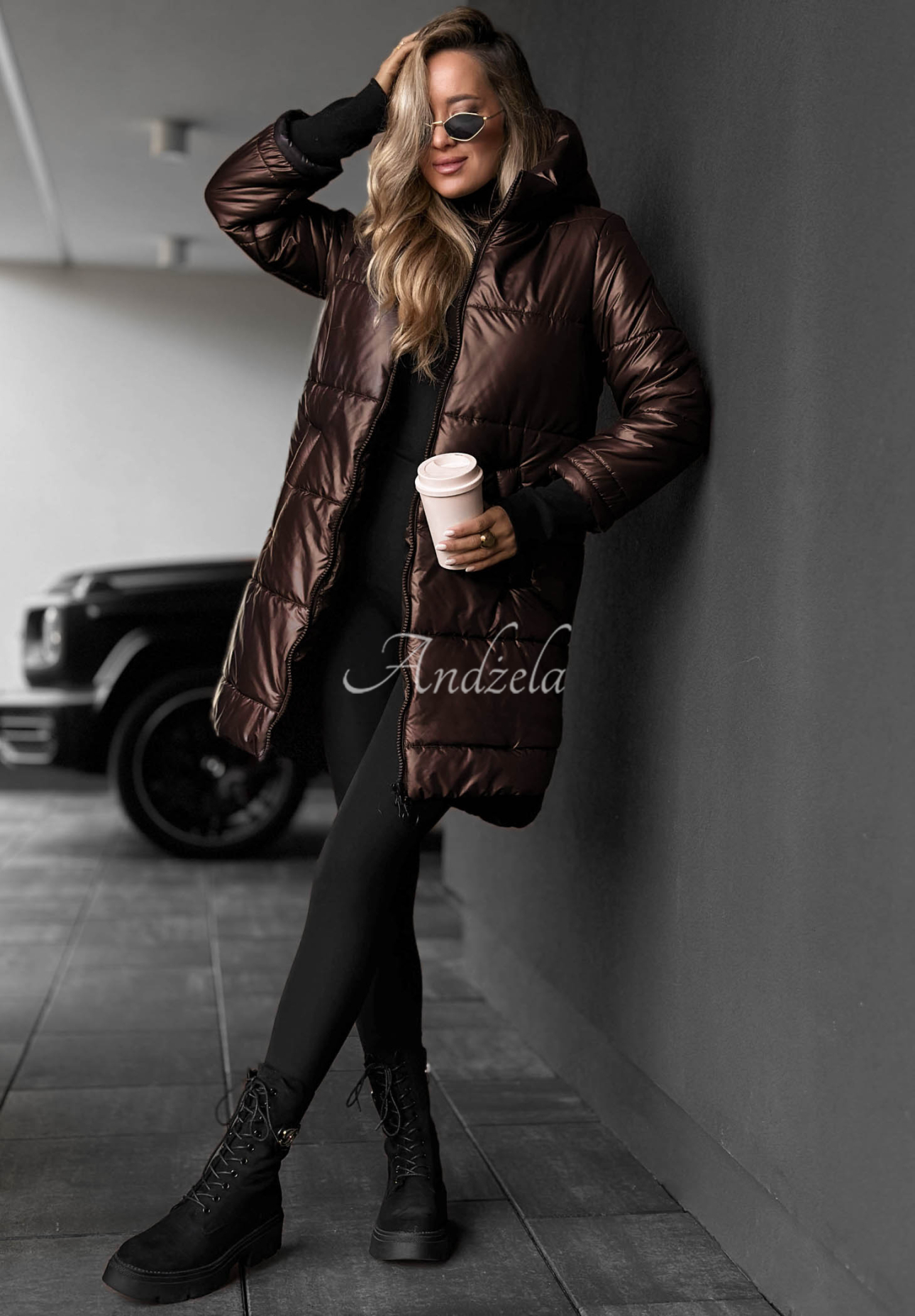 Lange, gesteppte Jacke mit Kapuze Cinnamon Latte Schokoladenbraun