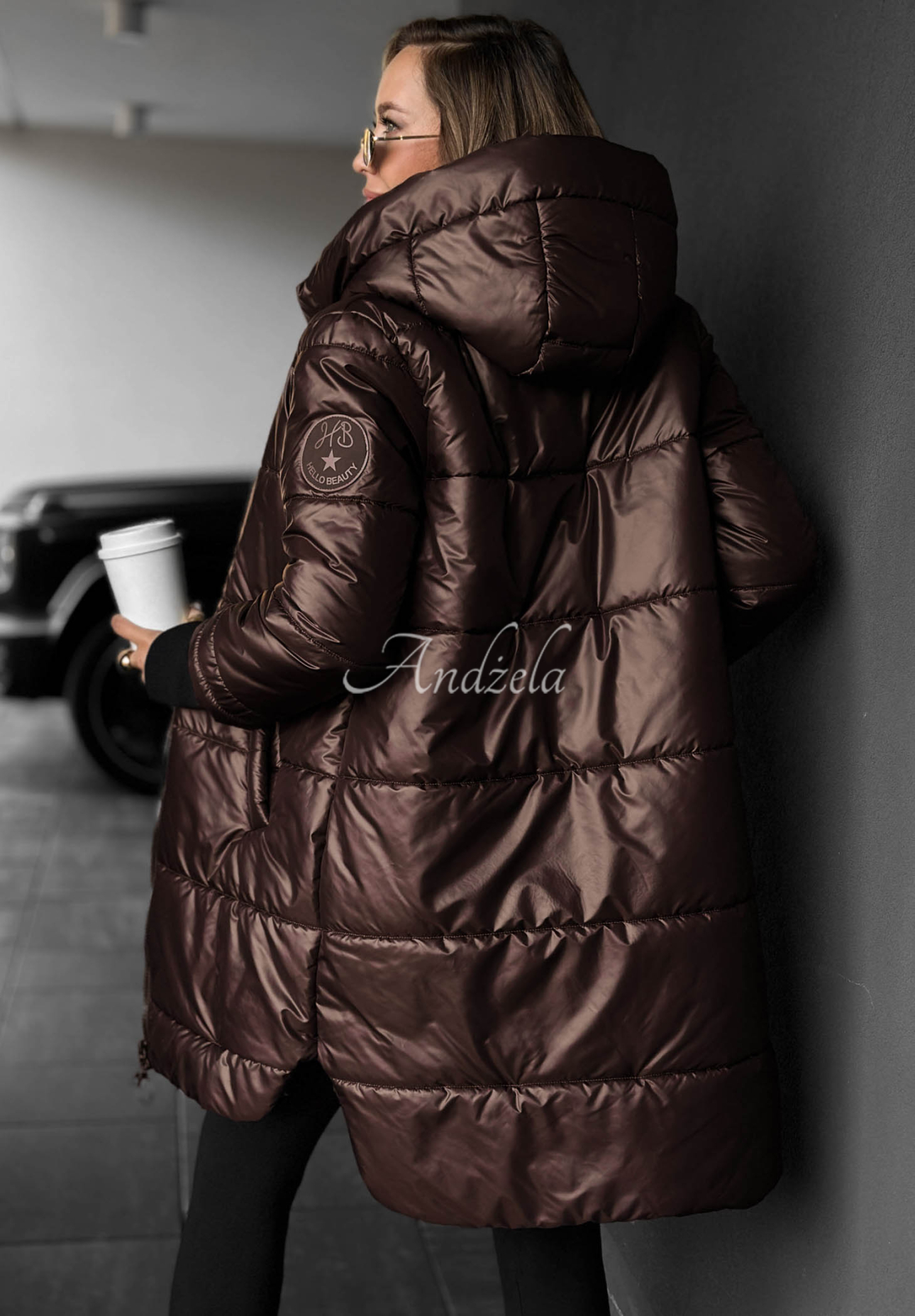 Lange, gesteppte Jacke mit Kapuze Cinnamon Latte Schokoladenbraun