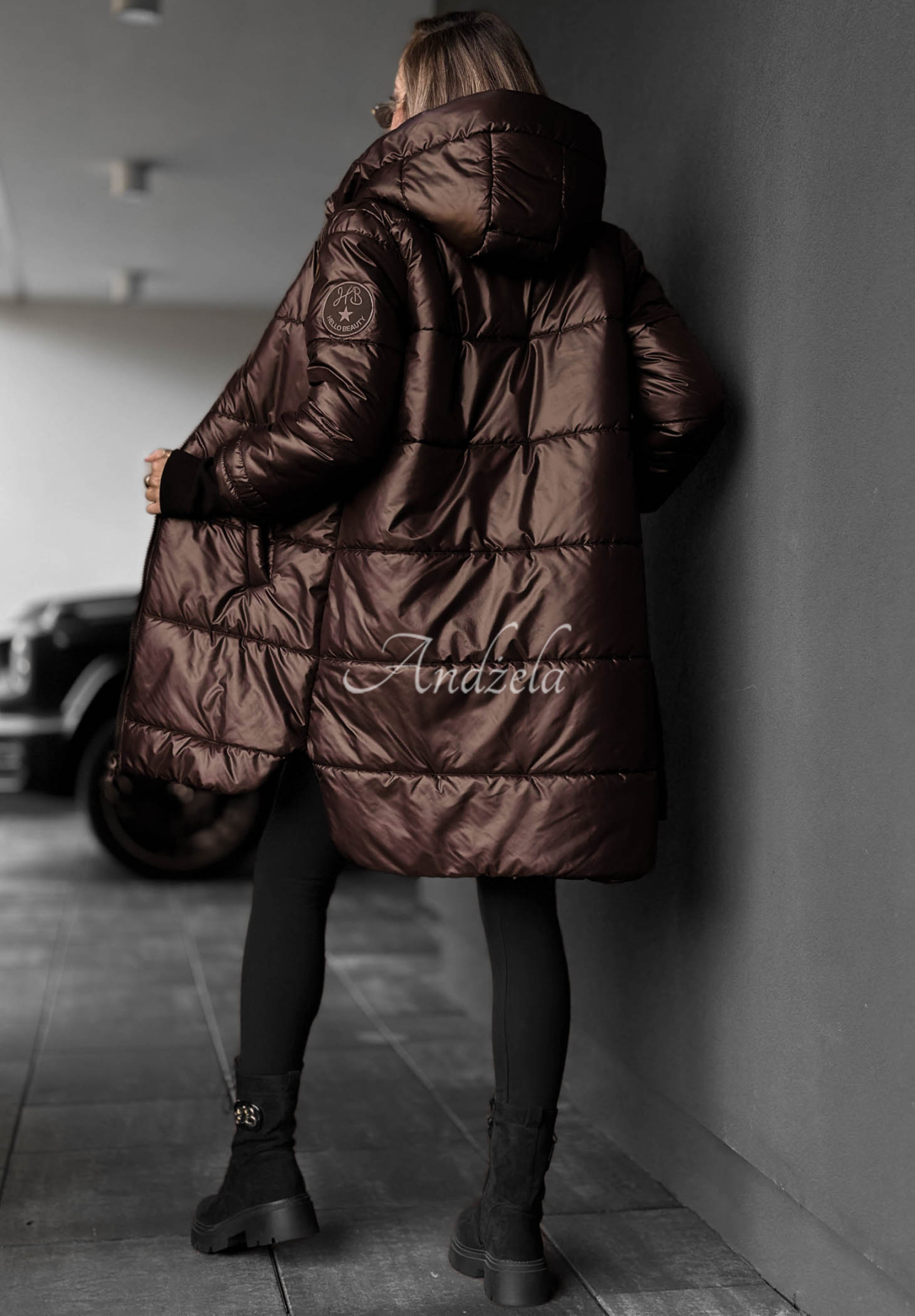 Lange, gesteppte Jacke mit Kapuze Cinnamon Latte Schokoladenbraun