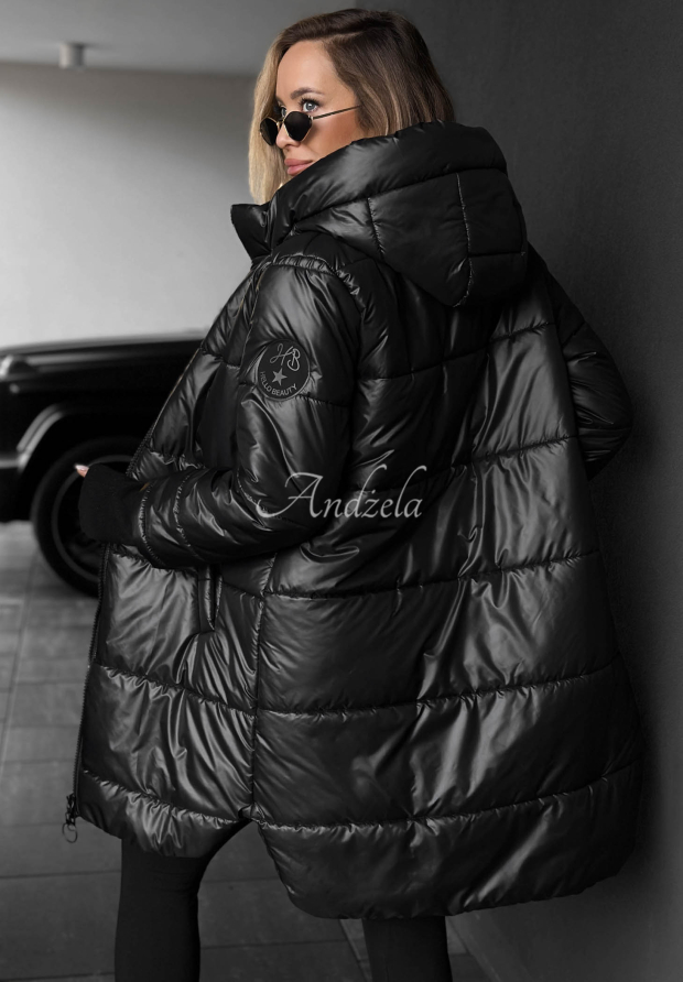 Lange, gesteppte Jacke mit Kapuze Cinnamon Latte Schwarz