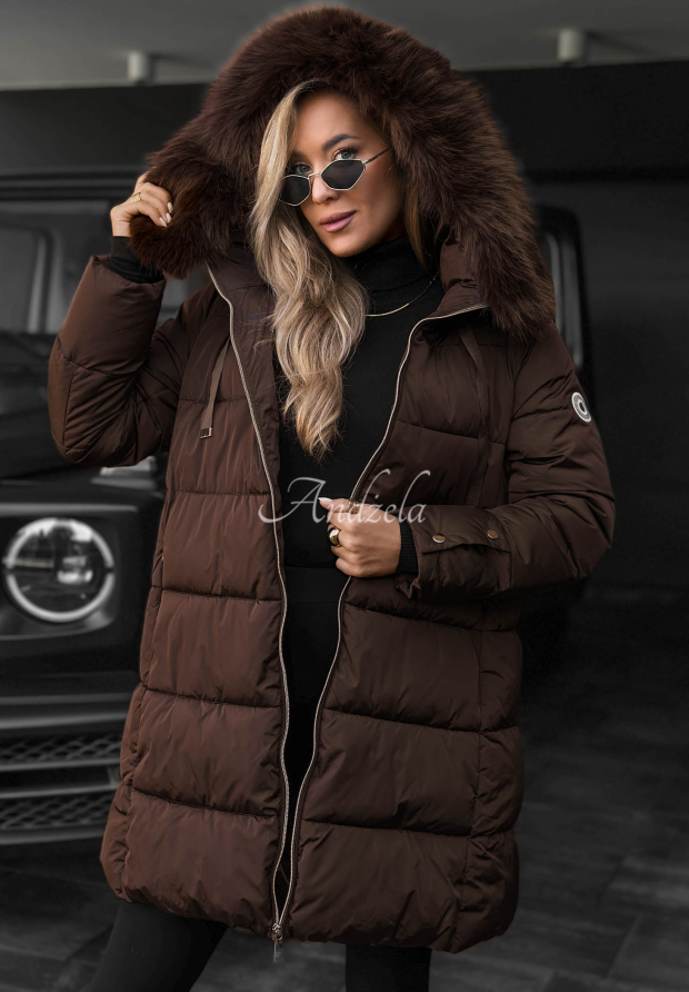 Lange, gesteppte Jacke mit Fellimitat Winter Sunday Schokoladenbraun