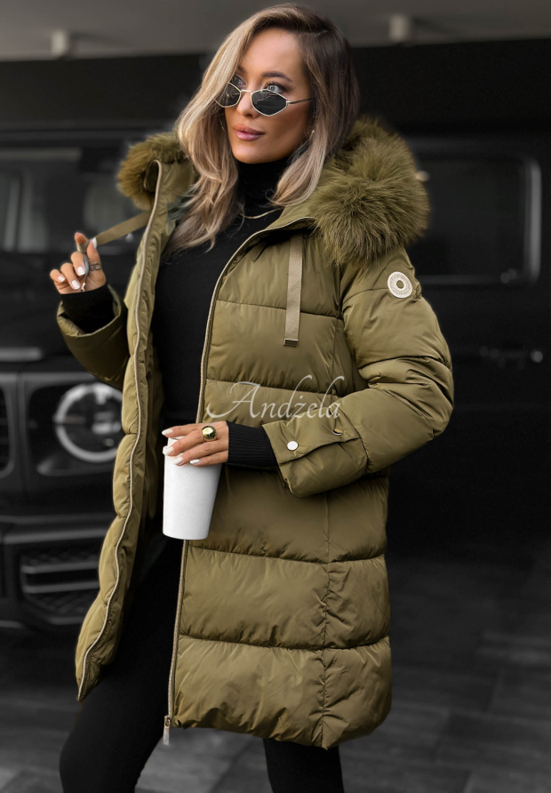 Lange, gesteppte Jacke mit Fellimitat Winter Sunday Khaki