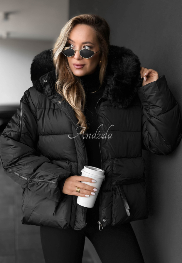 Kurze, gesteppte Jacke mit Kapuze und Kunstfell Ice River Schwarz
