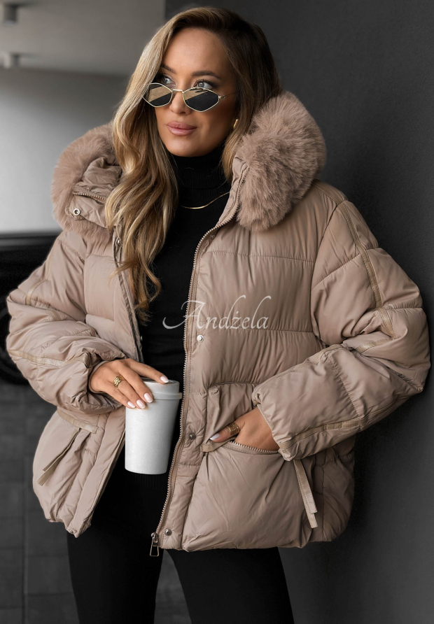 Kurze, gesteppte Jacke mit Kapuze und Kunstfell Ice River Beige