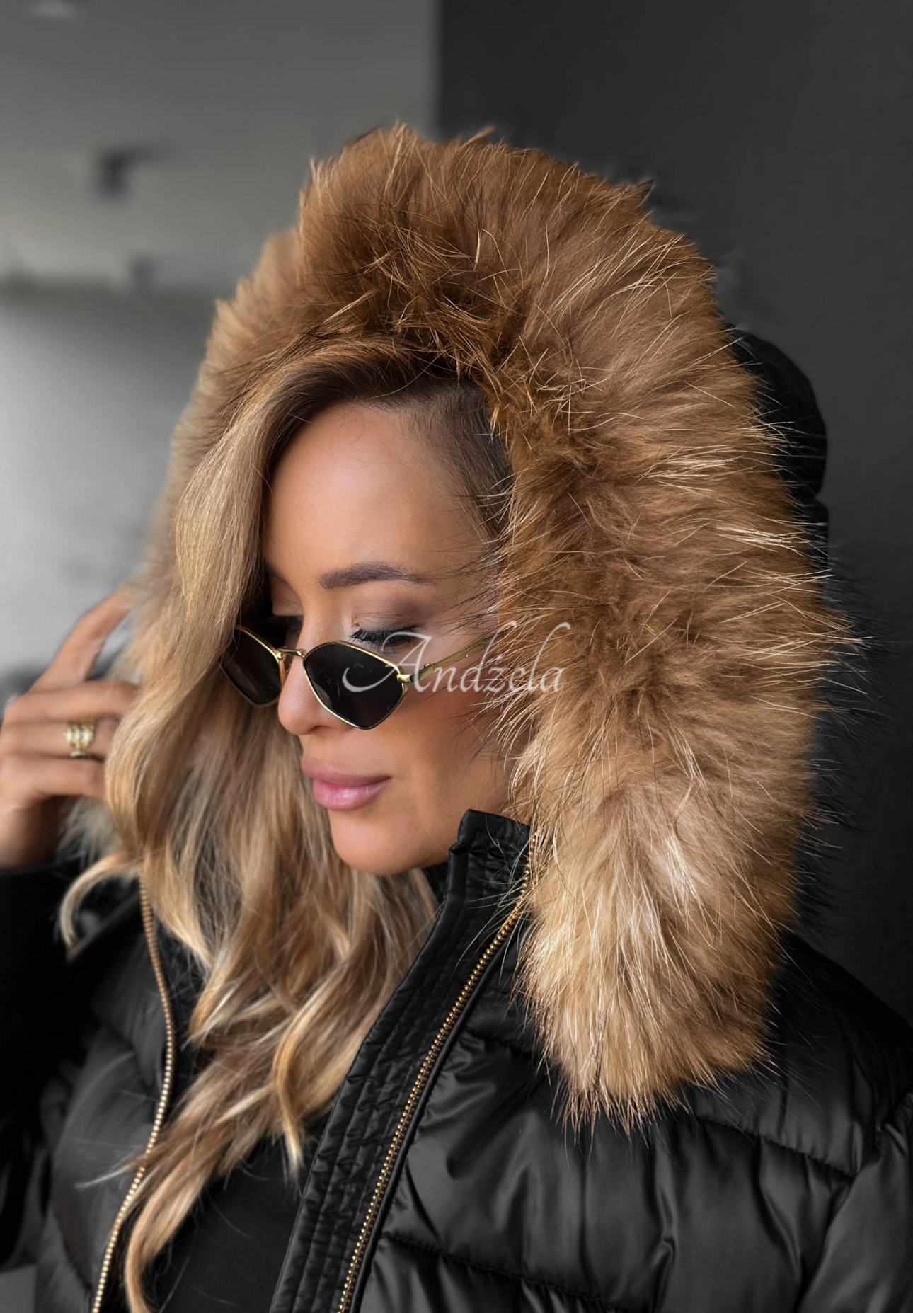 Lange, gesteppte Jacke mit Fellimitat Afterglow Hours Schwarz