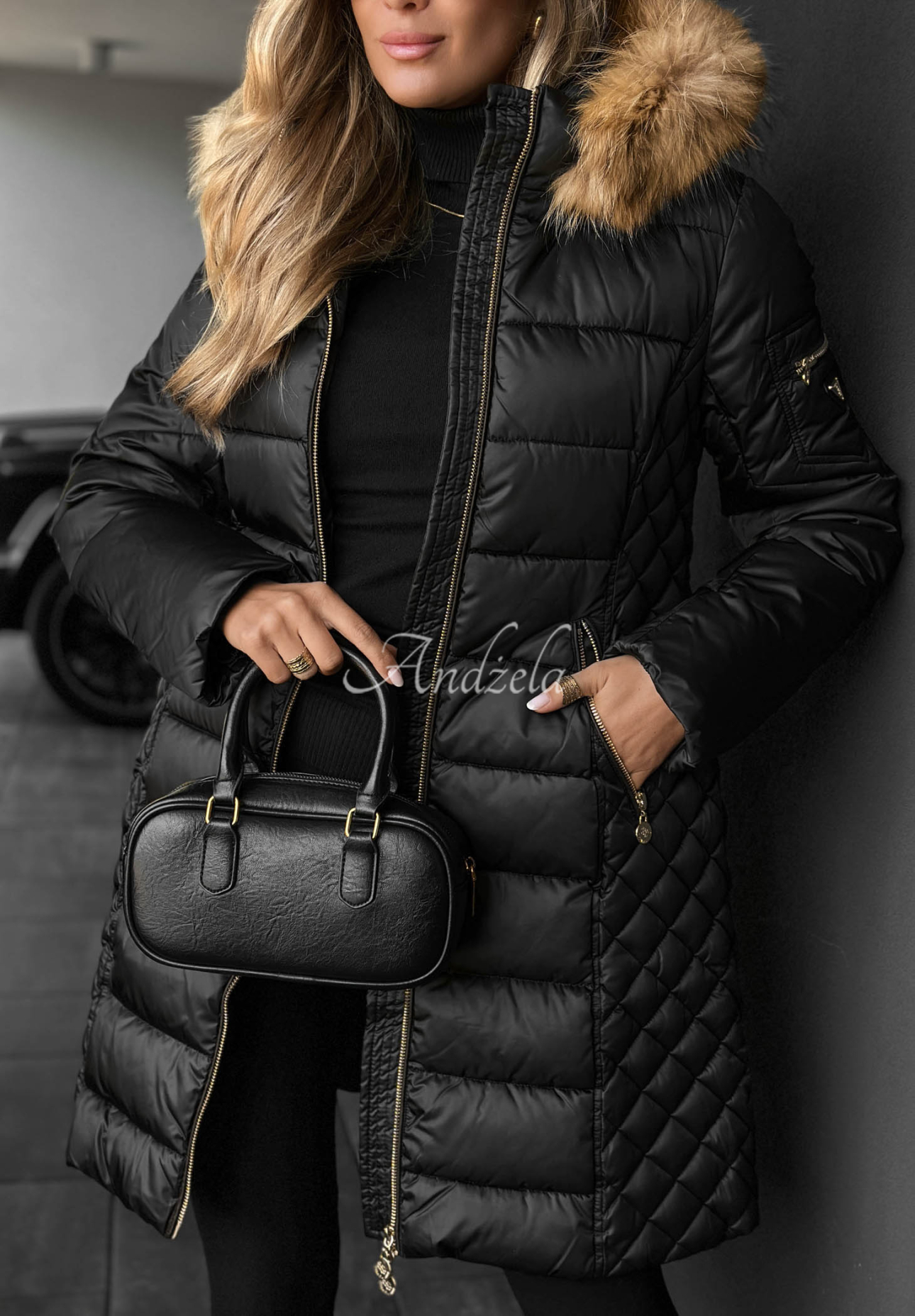Lange, gesteppte Jacke mit Fellimitat Afterglow Hours Schwarz