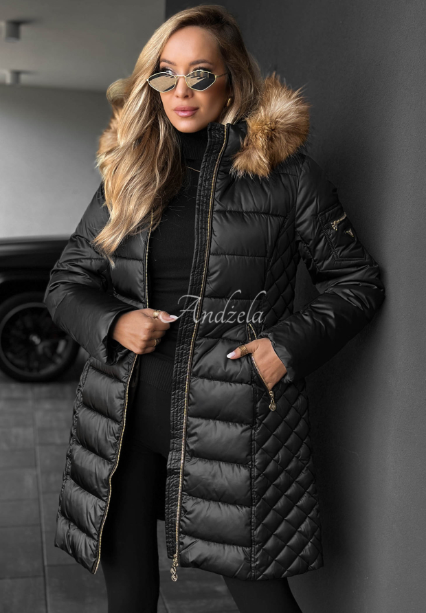 Lange, gesteppte Jacke mit Fellimitat Afterglow Hours Schwarz