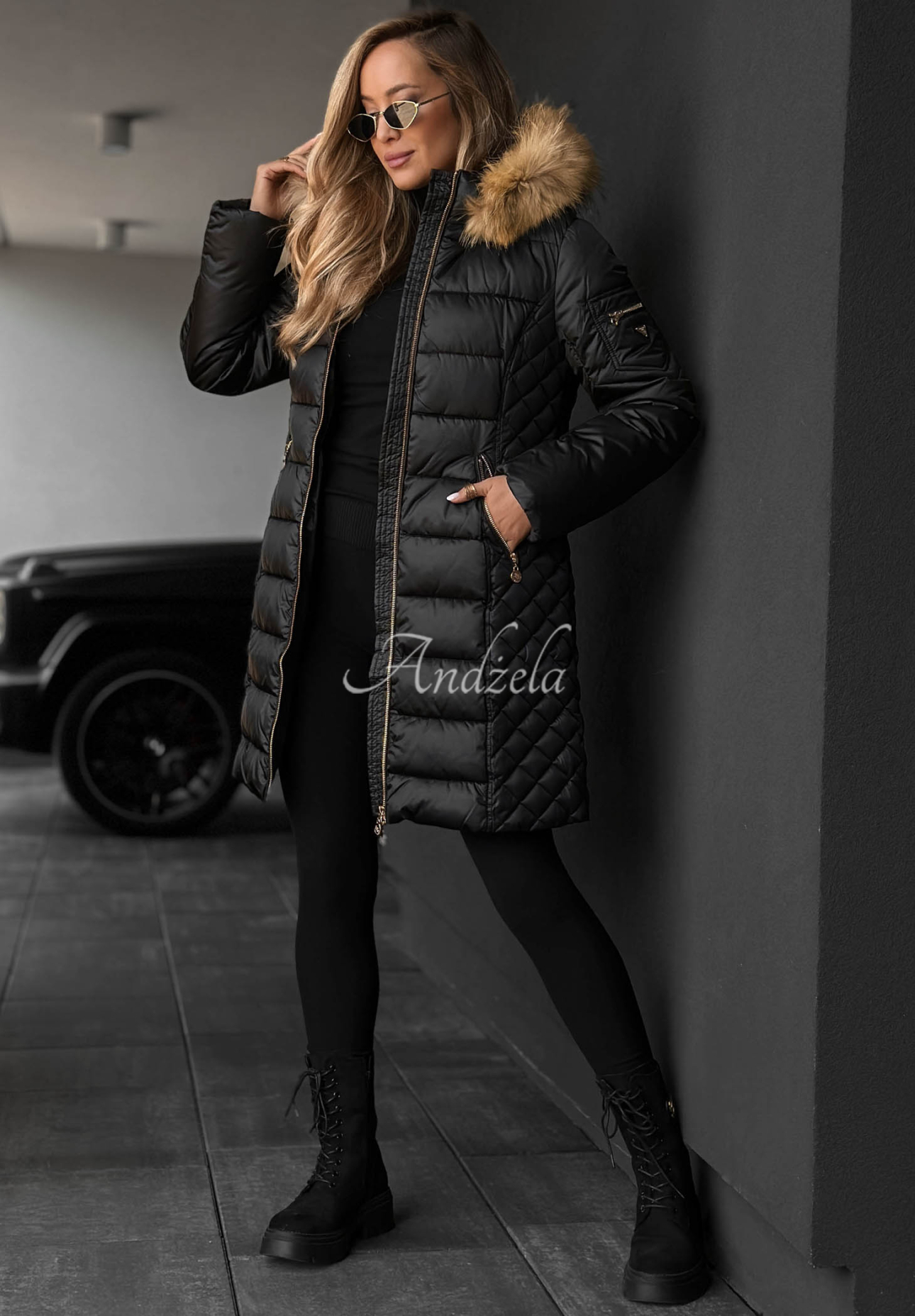 Lange, gesteppte Jacke mit Fellimitat Afterglow Hours Schwarz