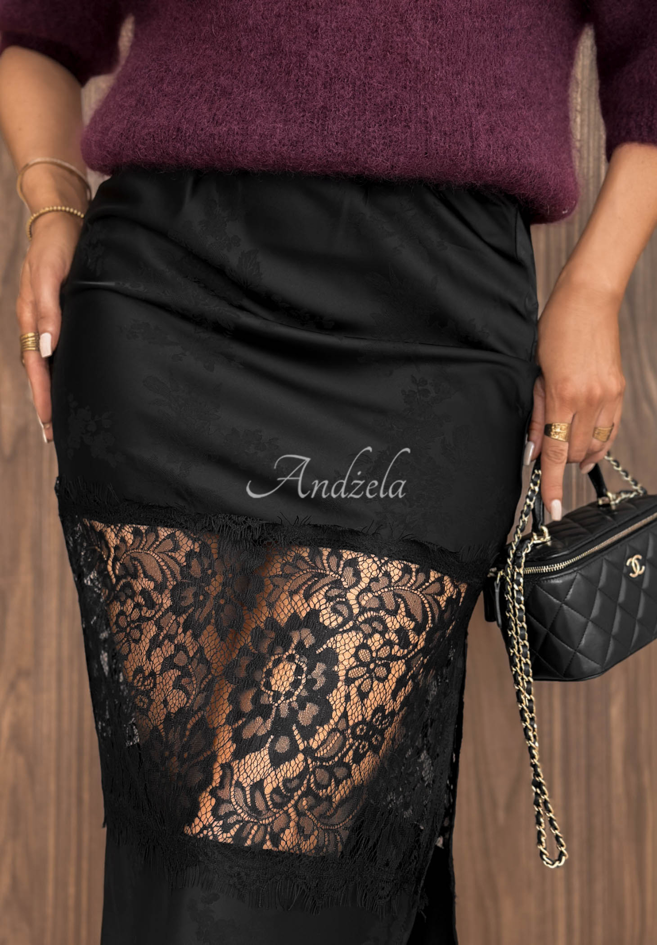 Satin-Midirrock mit Spitze Autumn Desire Schwarz