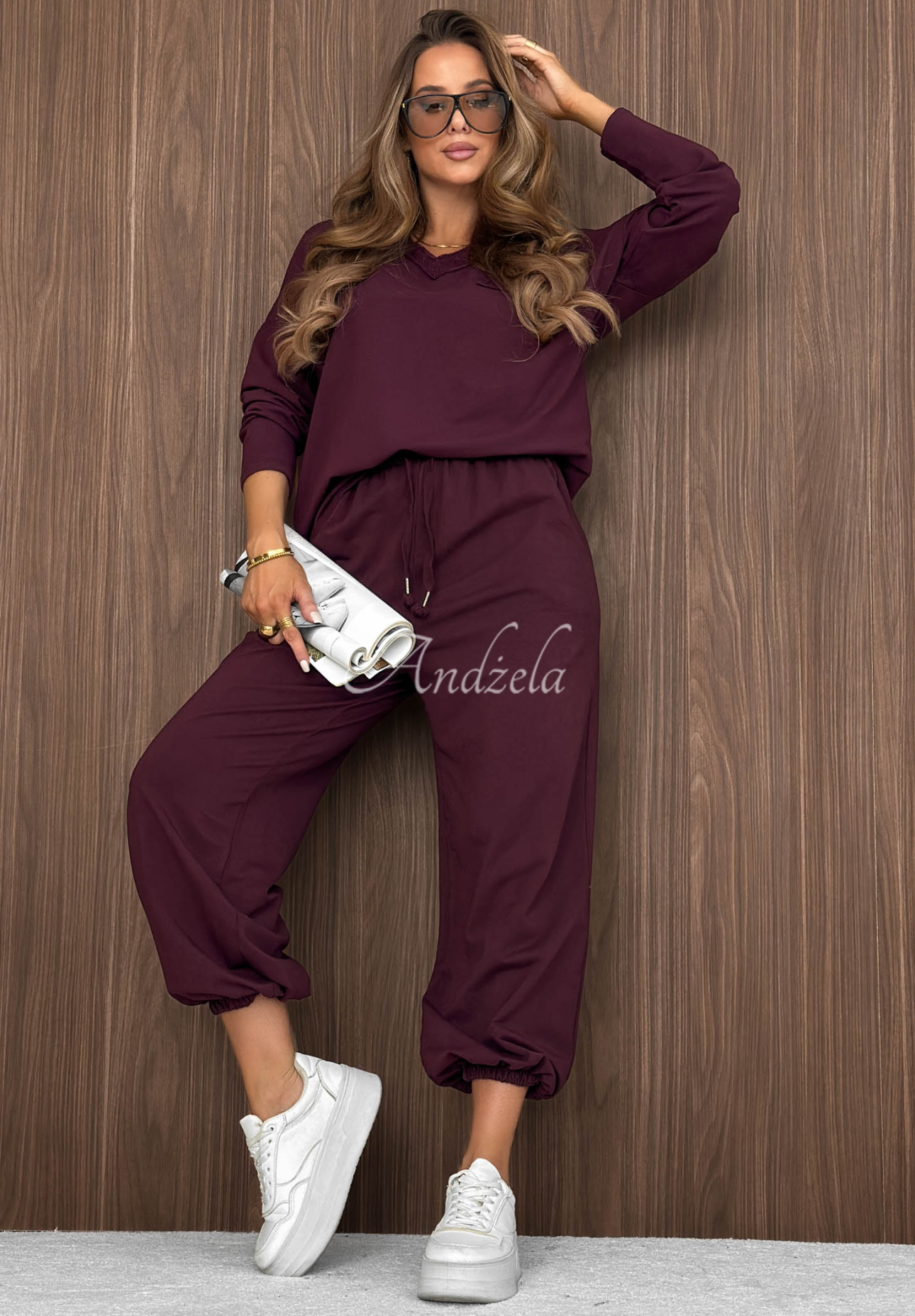 Baumwoll-Sweatshirt mit V-Ausschnitt Soft Mood Burgunderrot