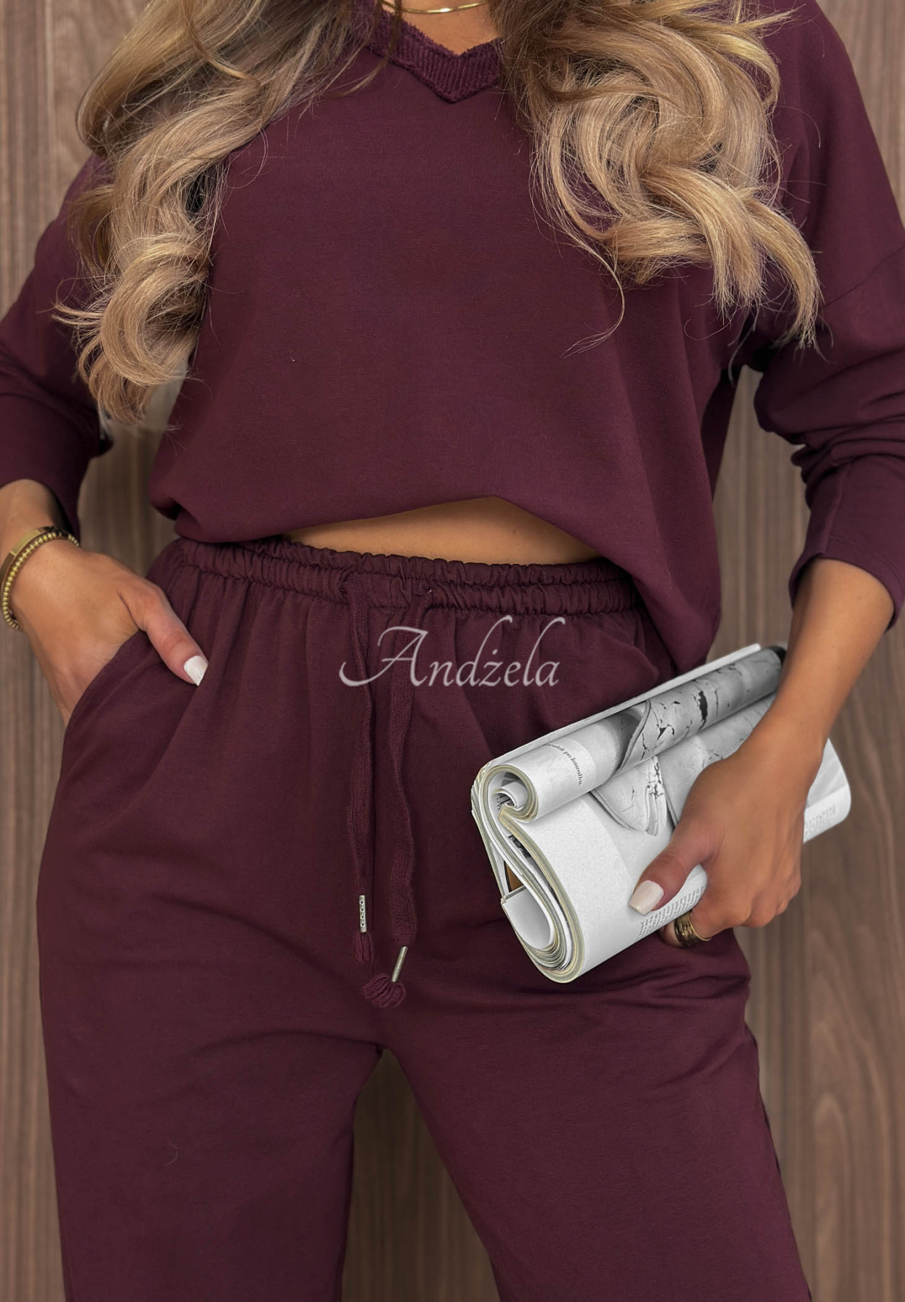 Baumwoll-Sweatshirt mit V-Ausschnitt Soft Mood Burgunderrot
