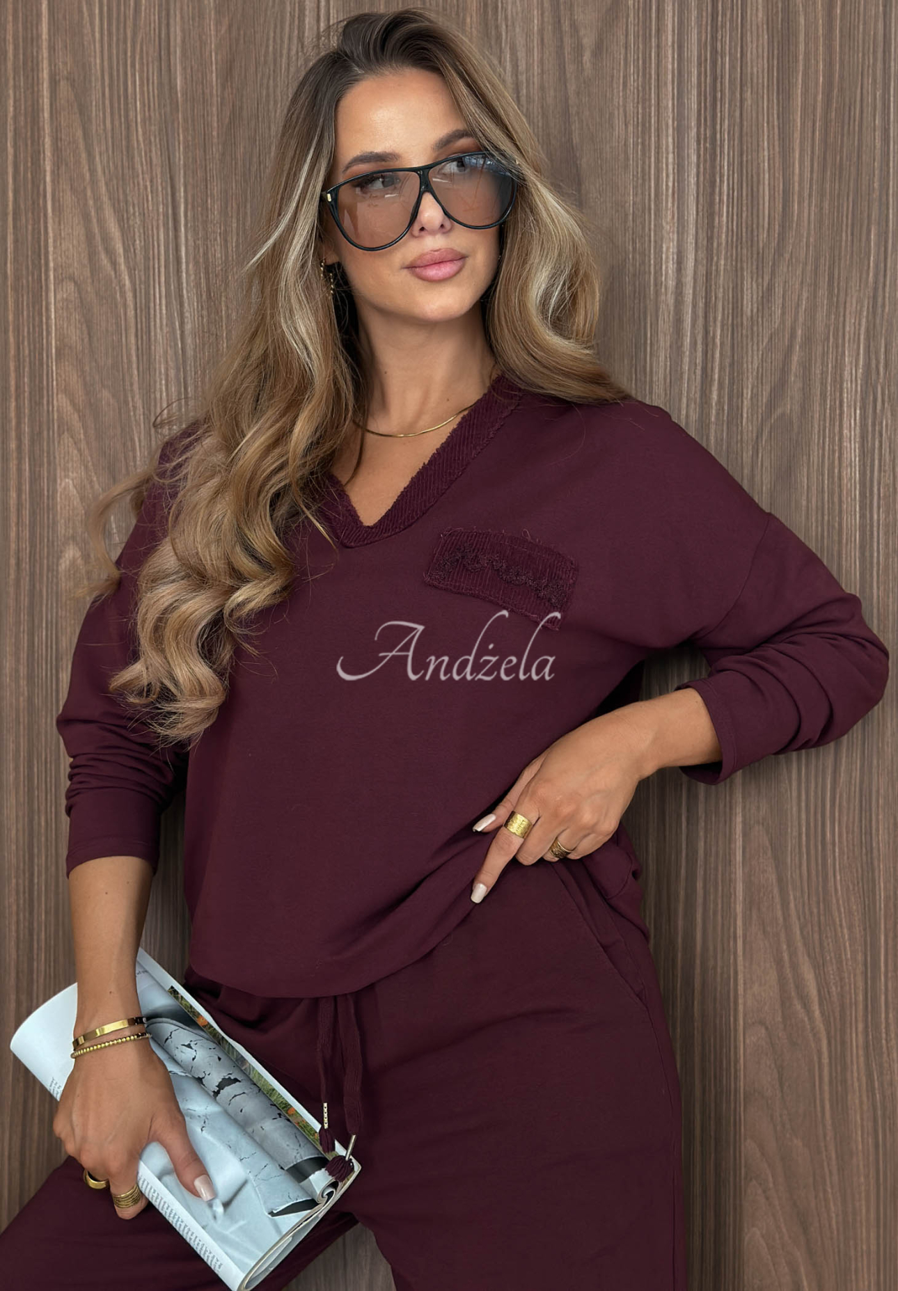 Baumwoll-Sweatshirt mit V-Ausschnitt Soft Mood Burgunderrot