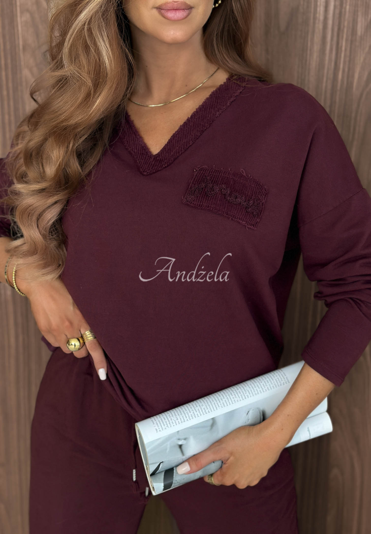 Baumwoll-Sweatshirt mit V-Ausschnitt Soft Mood Burgunderrot