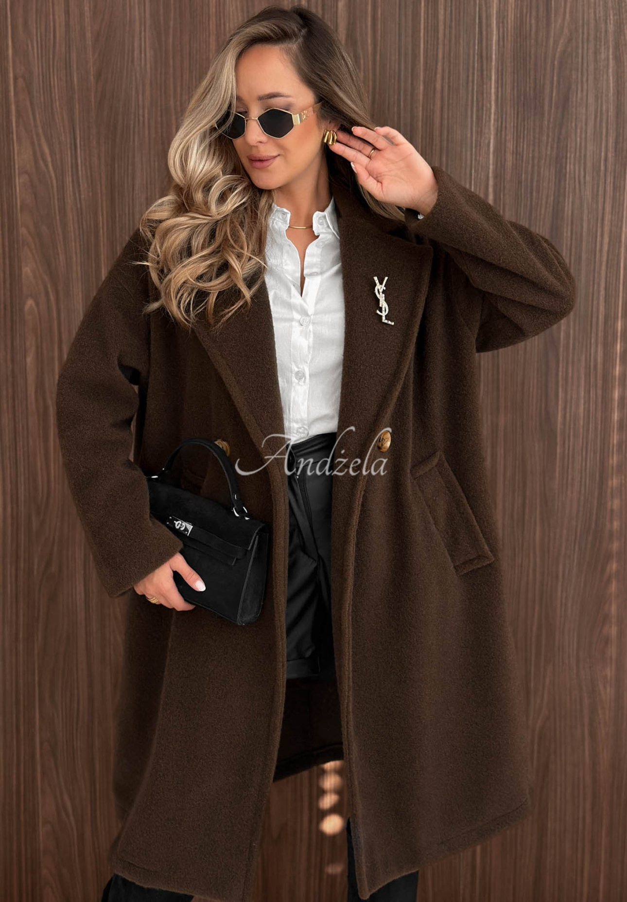 Langer Mantel aus Lammfellimitat mit Wolle und Viskose Warm Story Schokoladenbraun