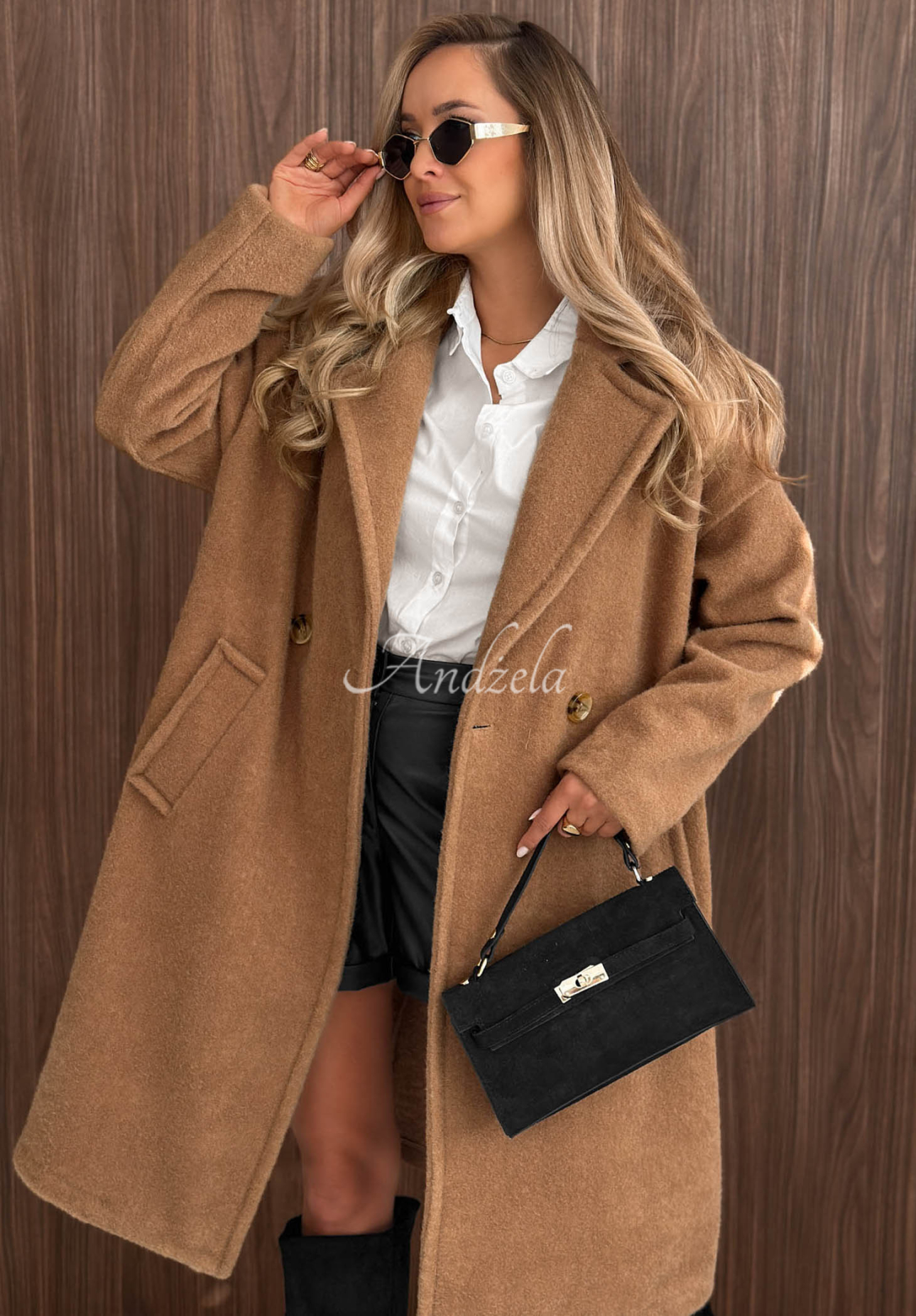 Langer Mantel aus Lammfellimitat mit Wolle und Viskose Warm Story Camel