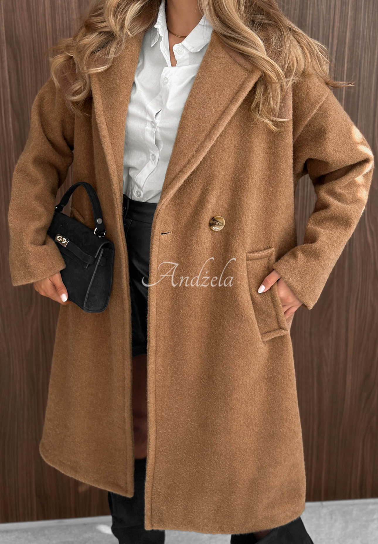 Langer Mantel aus Lammfellimitat mit Wolle und Viskose Warm Story Camel