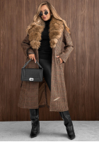 Długi Mantel w kratę z futerkiem i paskiem Miss Fall Camel