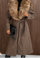 Długi Mantel w kratę z futerkiem i paskiem Miss Fall Camel