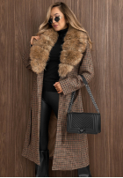 Długi Mantel w kratę z futerkiem i paskiem Miss Fall Camel