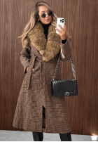 Długi Mantel w kratę z futerkiem i paskiem Miss Fall Camel
