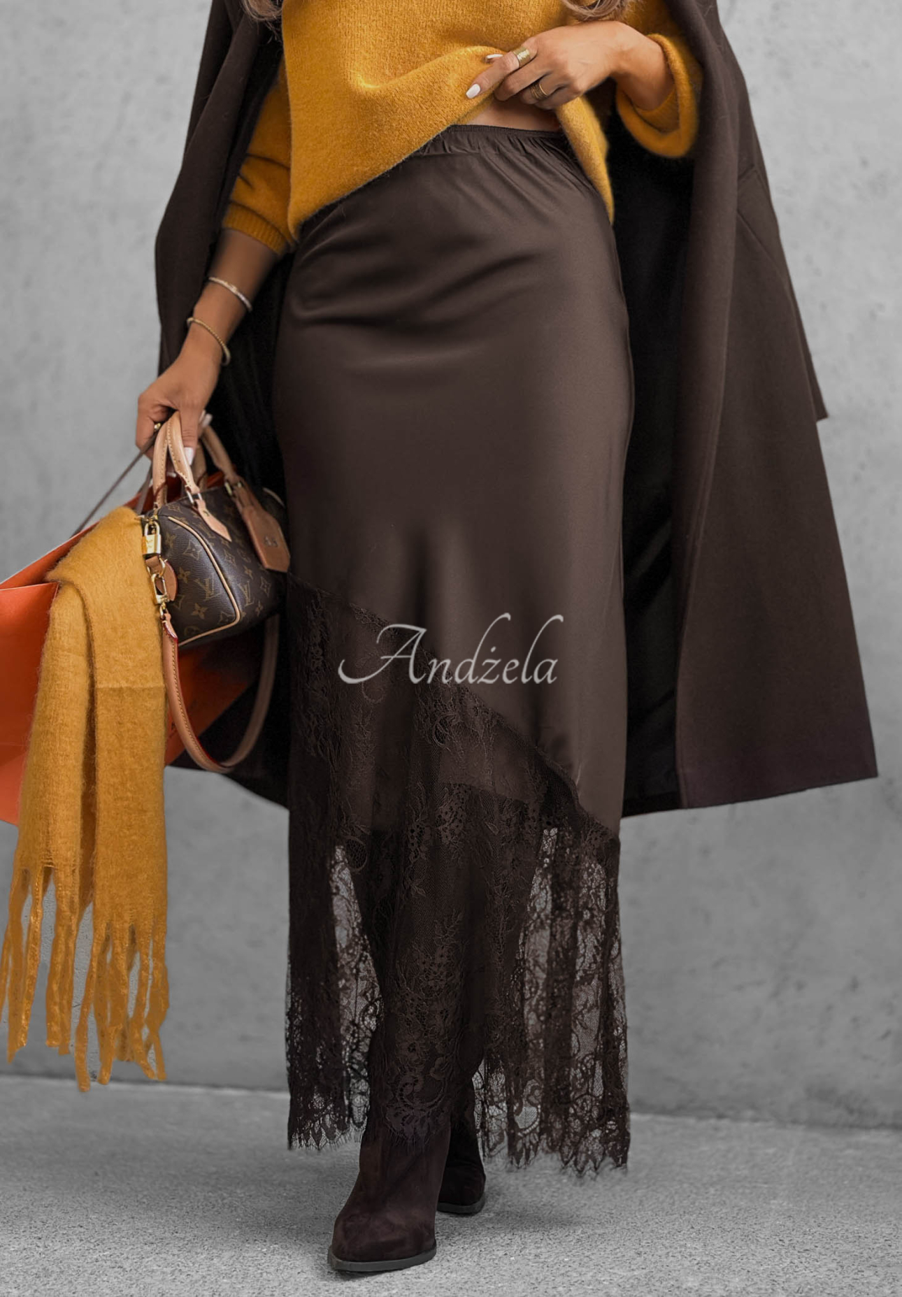 Maxirock aus Satin mit Spitze Velvet Kiss Schokoladenbraun