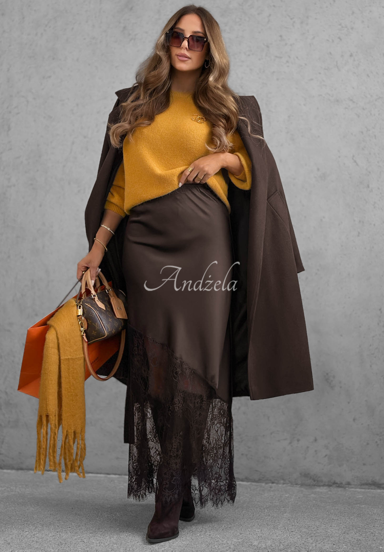 Maxirock aus Satin mit Spitze Velvet Kiss Schokoladenbraun