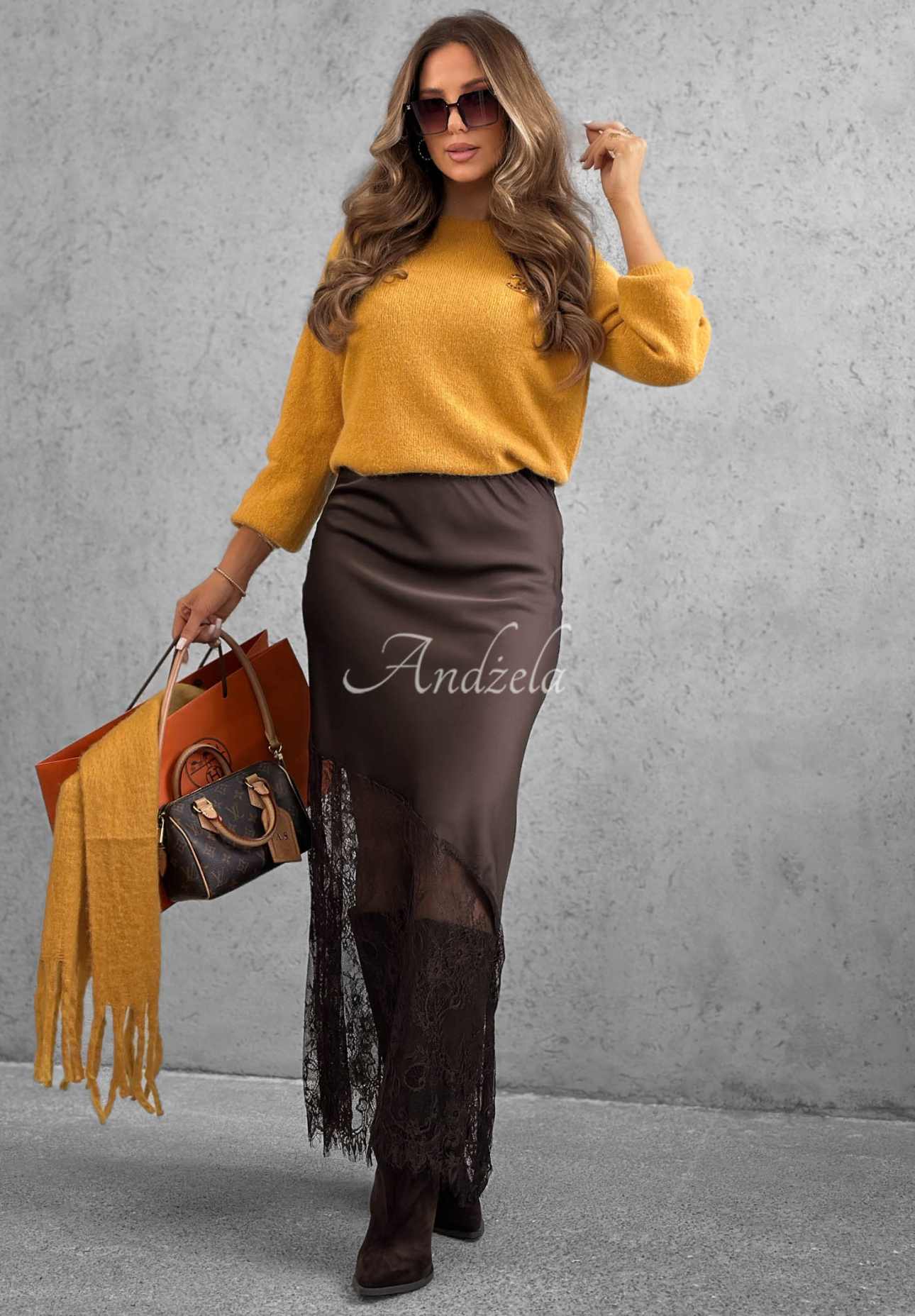 Maxirock aus Satin mit Spitze Velvet Kiss Schokoladenbraun