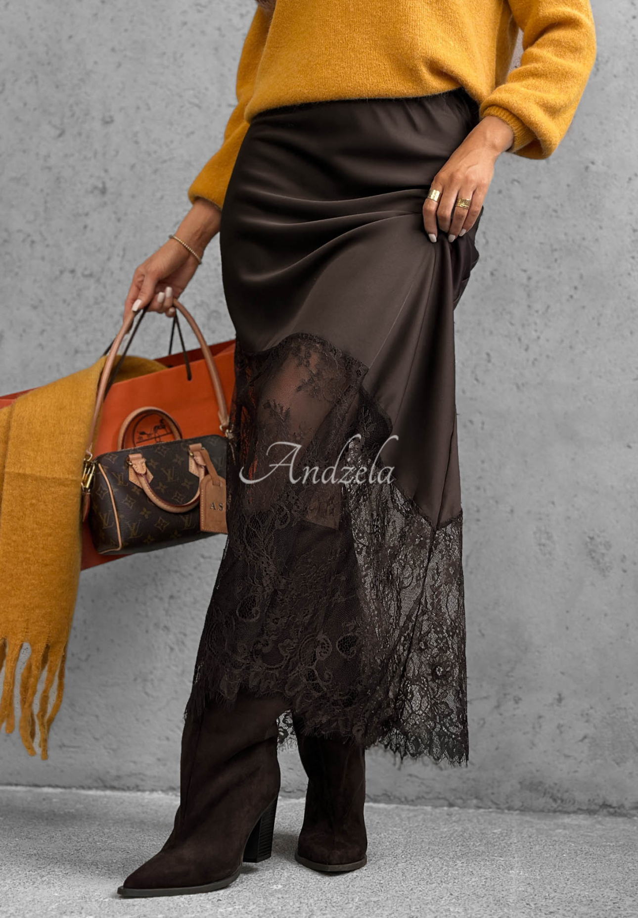 Maxirock aus Satin mit Spitze Velvet Kiss Schokoladenbraun