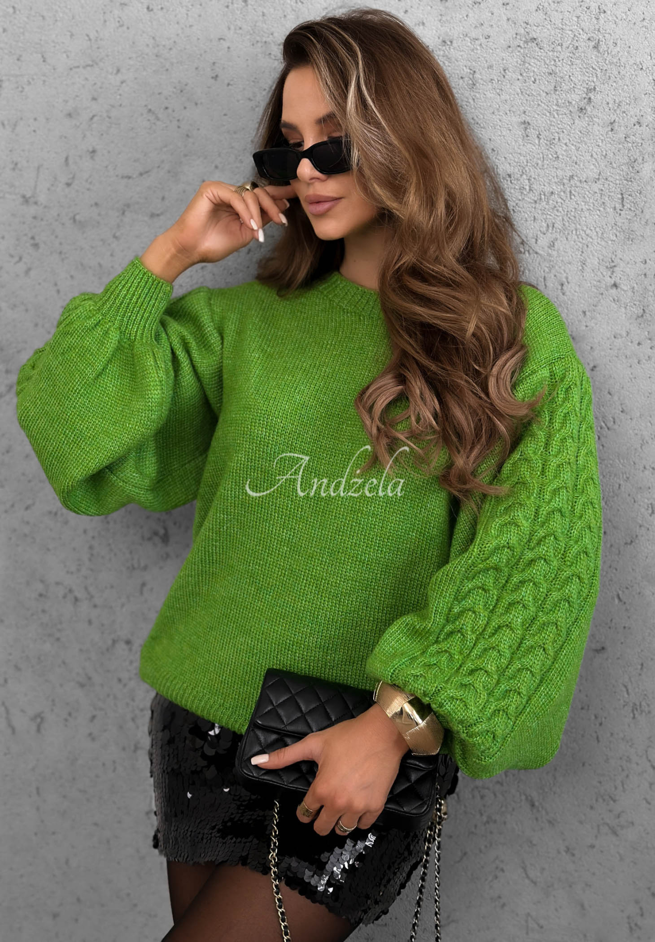Wollpullover mit dekorativ gestrickten Ärmeln Comfort First Grün