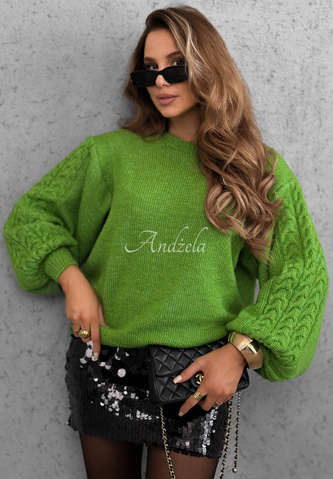 Wollpullover mit dekorativ gestrickten Ärmeln Comfort First Grün