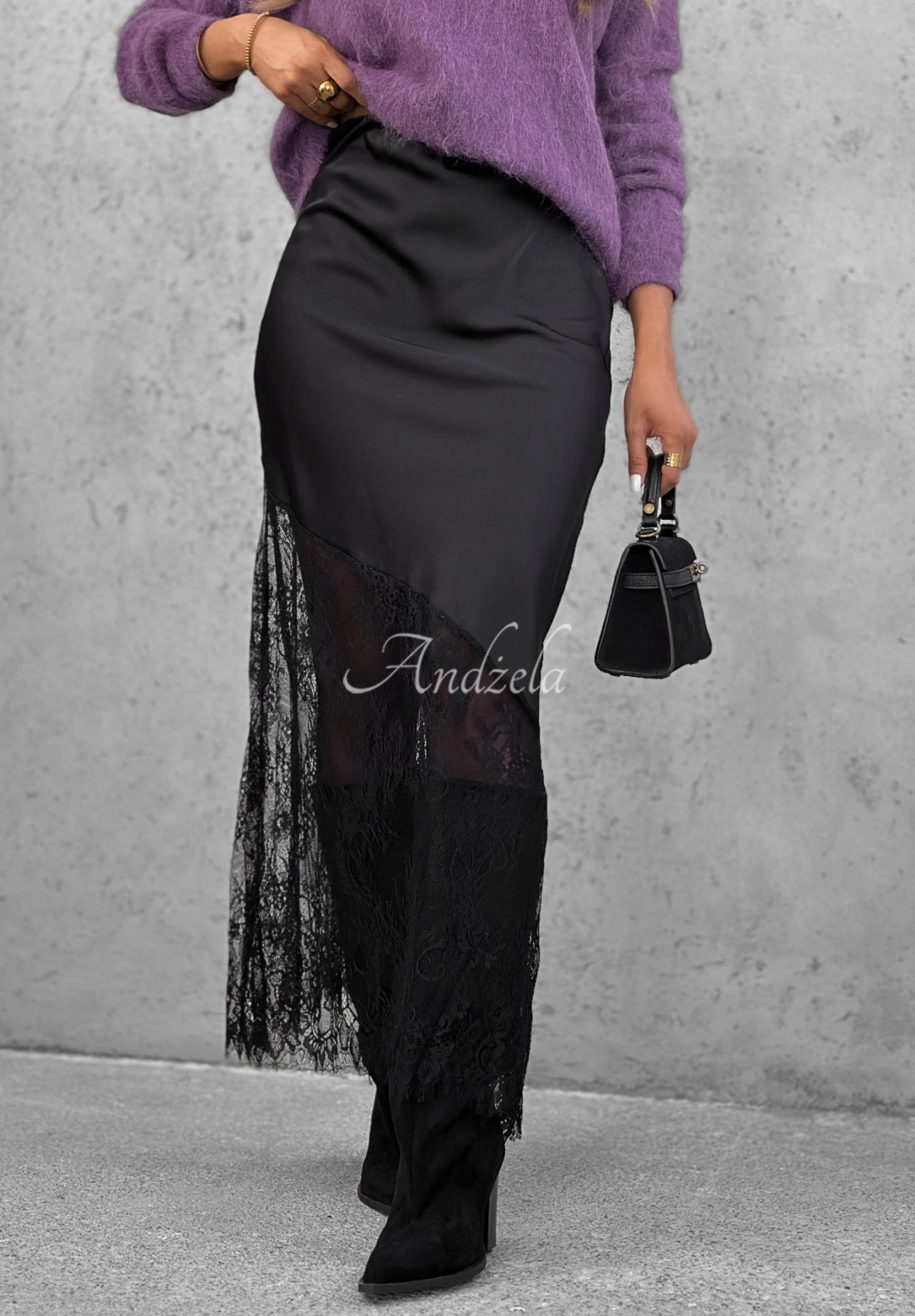 Maxirock aus Satin mit Spitze Velvet Kiss Schwarz