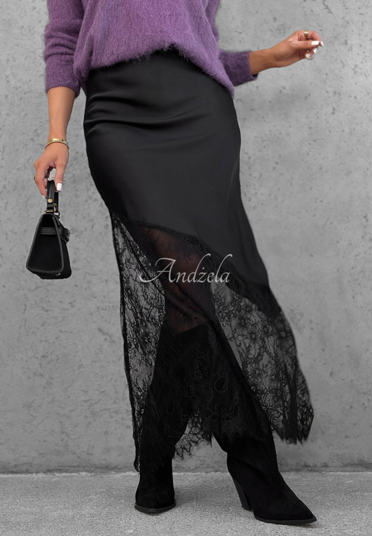 Maxirock aus Satin mit Spitze Velvet Kiss Schwarz