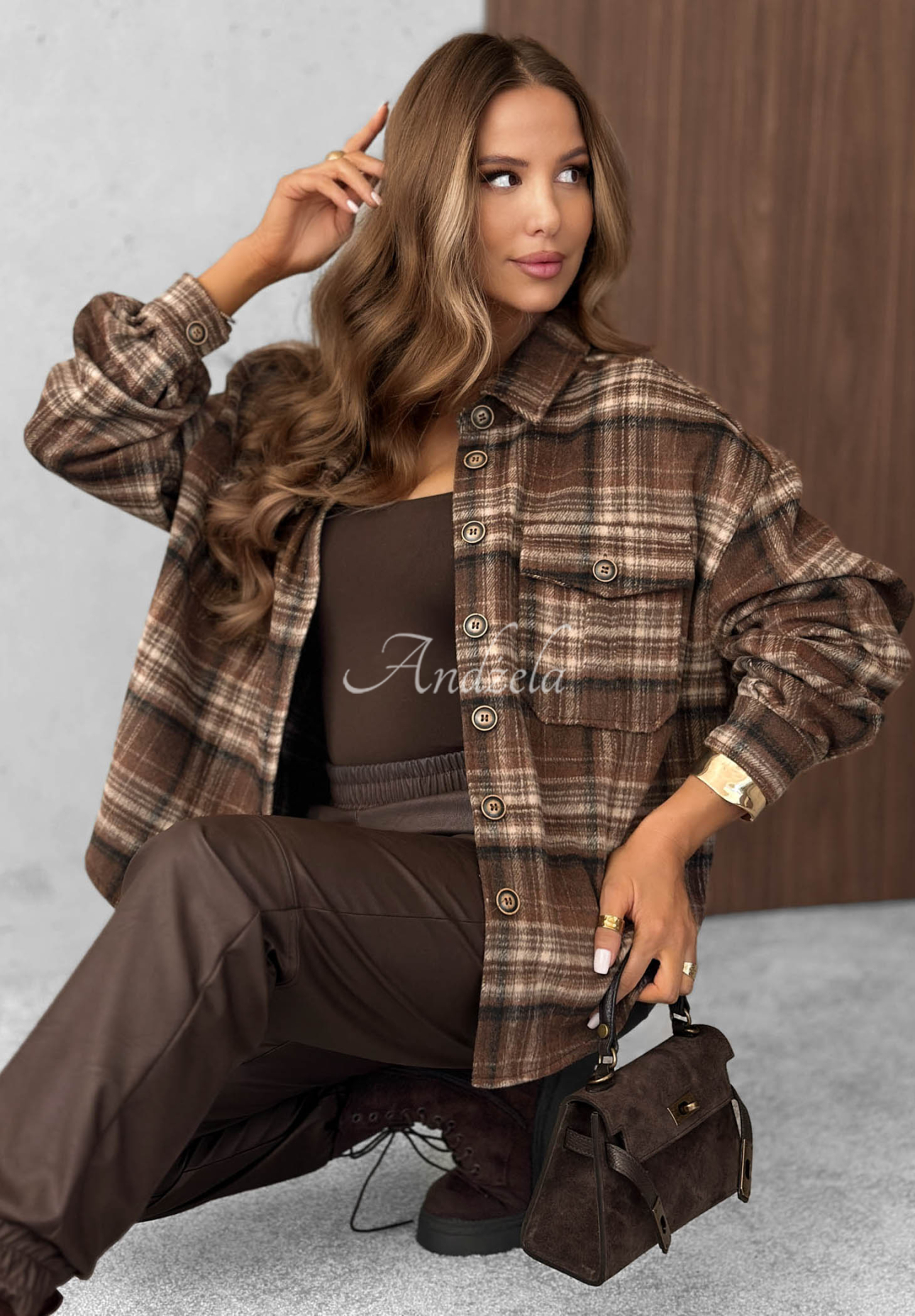 Kariertes Hemd mit Wollanteil Maple Plaid Schokoladenbraun