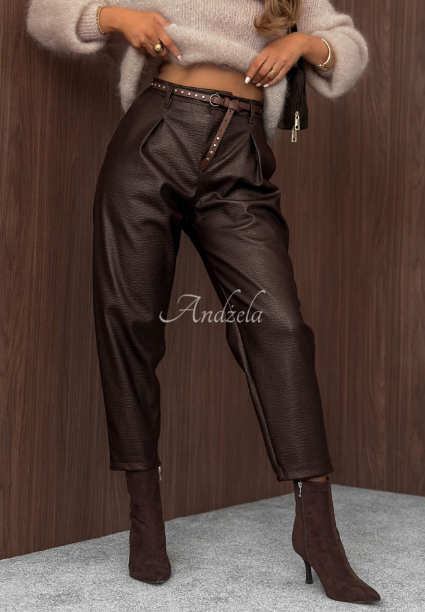 Mom-Fit-Lederhose mit G&uuml;rtel Pretty Autumn Schokoladenbraun