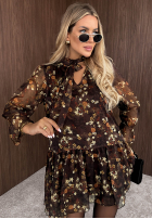 Kwiecista Kleid z falbankami Autumn Fantasy Schokoladenbraun