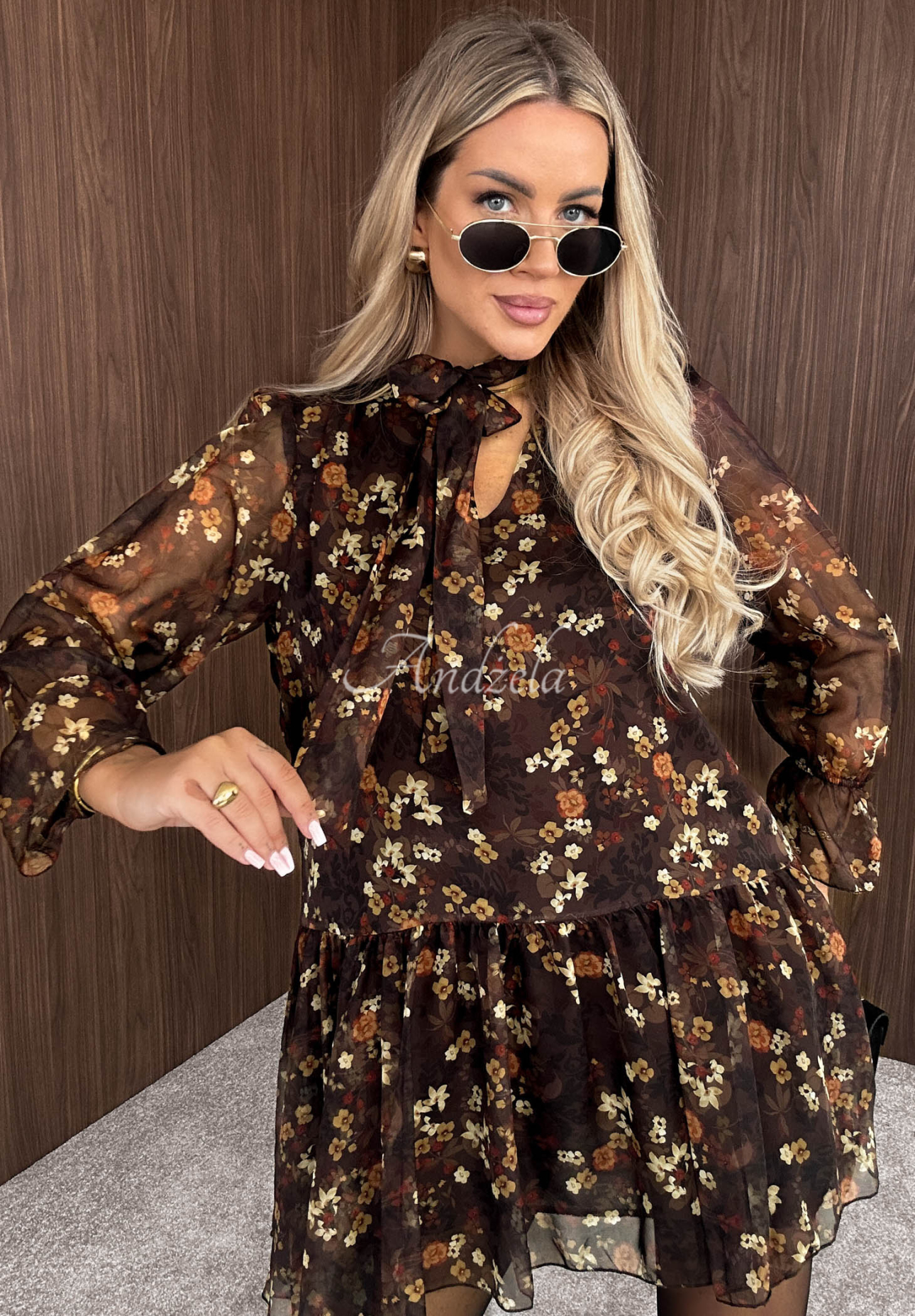 Geblümtes Kleid mit Rüschen Autumn Fantasy Schokoladenbraun