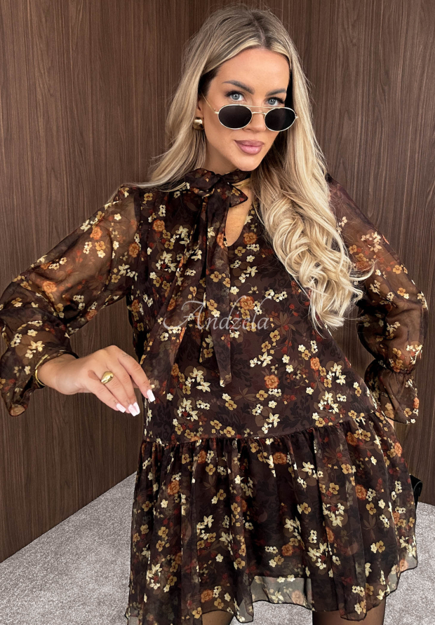 Gebl&uuml;mtes Kleid mit R&uuml;schen Autumn Fantasy Schokoladenbraun